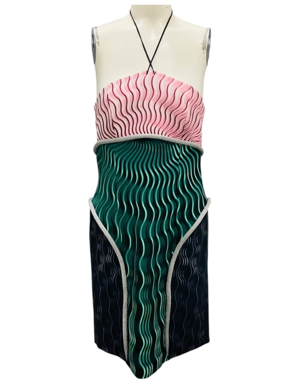 MARY KATRANTZOU PINK / GREEN MULTI PRINTED HALTER MINI DRESS